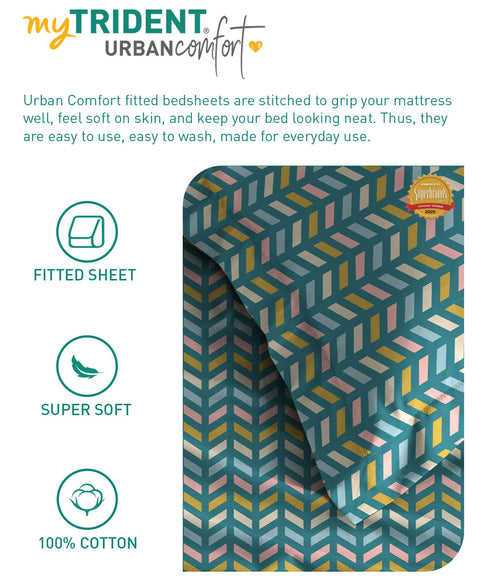 Urban Comfort King Fitted Bedsheet Set, Party Mood Teal|144 TC Cotton| 2 Pillow Covers