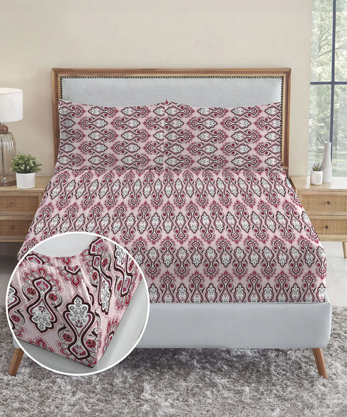 Urban Comfort King Fitted Bedsheet Set, Delicate Blush |144 TC Cotton| 2 Pillow Covers