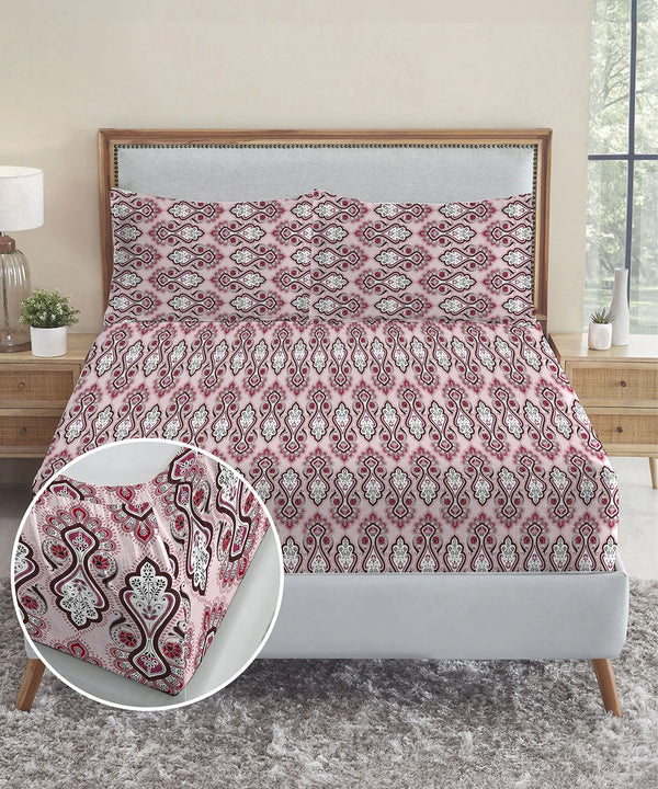 Urban Comfort King Fitted Bedsheet Set, Delicate Blush |144 TC Cotton| 2 Pillow Covers