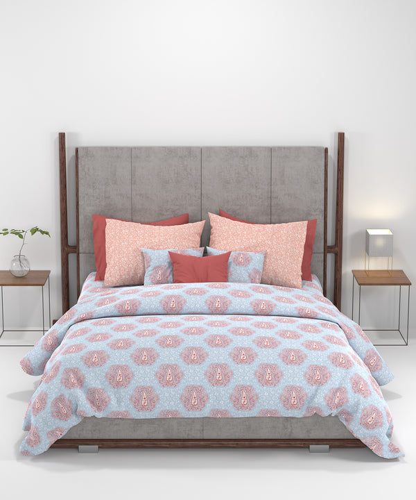 Carnival Ornate Queen Bedsheet, Heer Powder Blue|144 TC Cotton| 2 Pillow Covers