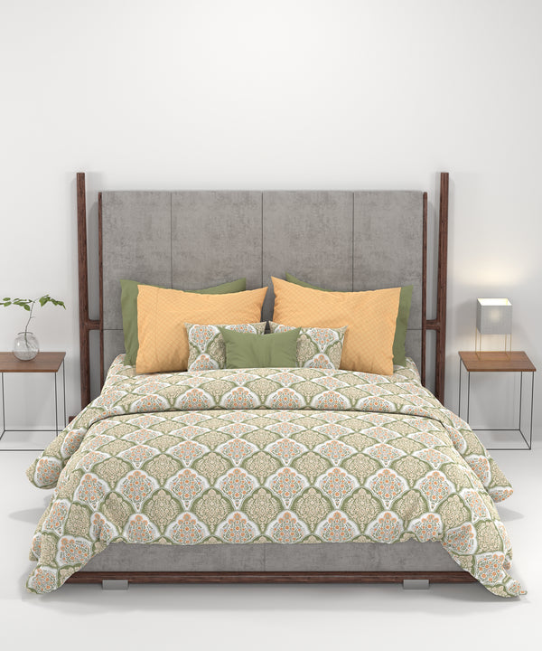 Carnival Ornate Queen Bedsheet, Manohari Sage |144 TC Cotton| 2 Pillow Covers