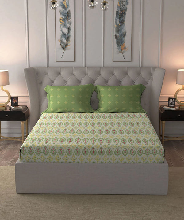Moments Queen Bedsheet Set, Clara Green|120 TC Cotton
