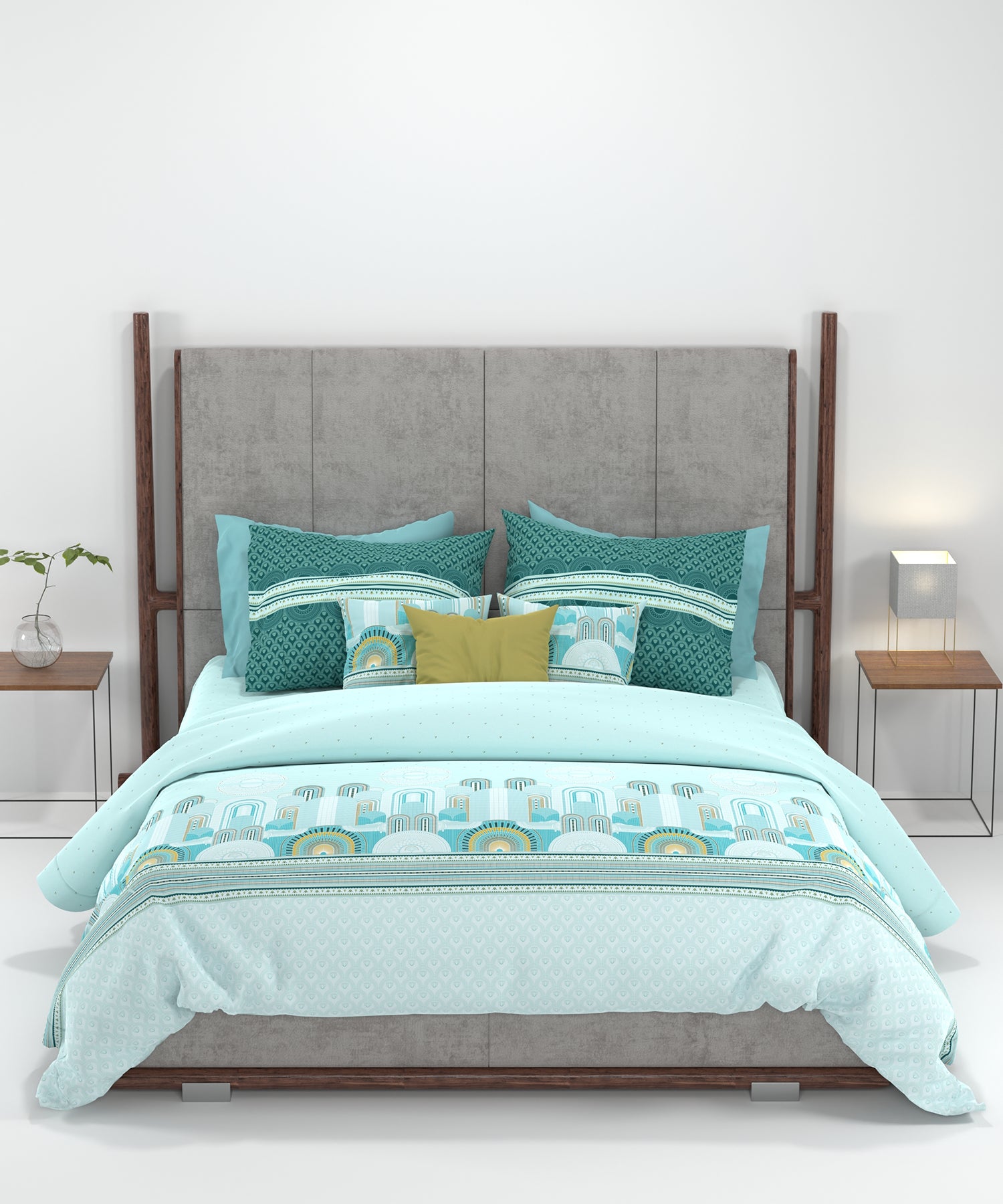 Carnival Gold Art Deco King Bedsheet, Cleopatra Aqua| 144 TC Cotton|