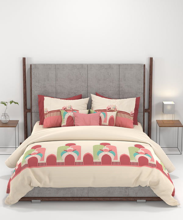 Carnival Gold Art Deco King Bedsheet, Pharaoh Red| 144 TC Cotton| 2 Pillow Covers