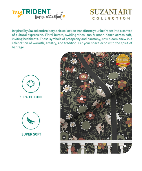 Home Essential Suzani King Bedsheet, Angan Phool|144TC Cotton| 2 Pillow Covers