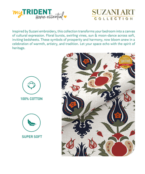 Home Essential Suzani King Bedsheet, Bhar|144TC Cotton| 2 Pillow Covers