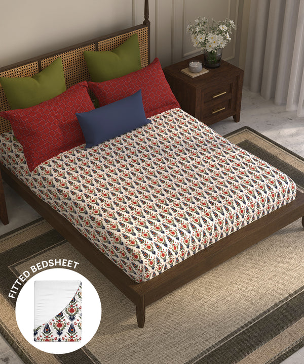 Home Essential Suzani King Fitted Bedsheet Set, Bahar|144 TC Cotton| 2 Pillow Covers