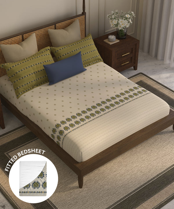 Home Essential Suzani King Fitted Bedsheet Set, Nagma|144 TC Cotton| 2 Pillow Covers