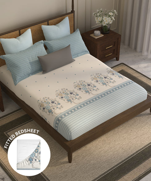 Home Essential Suzani King Fitted Bedsheet Set, Resham Raag|144 TC Cotton| 2 Pillow Covers