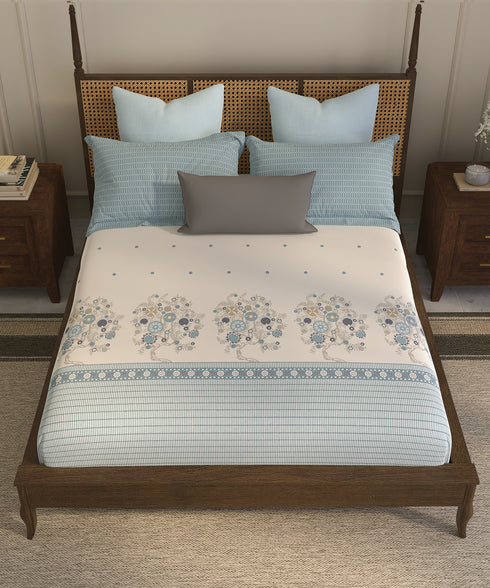 Home Essential Suzani King Fitted Bedsheet Set, Resham Raag|144 TC Cotton| 2 Pillow Covers