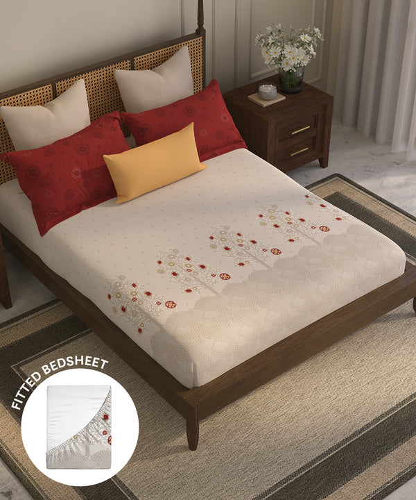 Home Essential Suzani King Fitted Bedsheet Set, Zulfiyan|144 TC Cotton| 2 Pillow Covers
