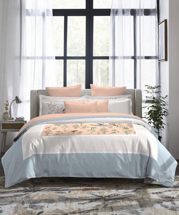 Indulgence Painterly Pattern King Bedsheet Set, Feathers in the field|300 TC Cotton| 4 Pillow Covers