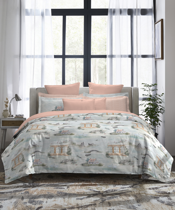Indulgence Painterly Pattern King Bedsheet Set, The Quiet River|300 TC Cotton| 4 Pillow Covers