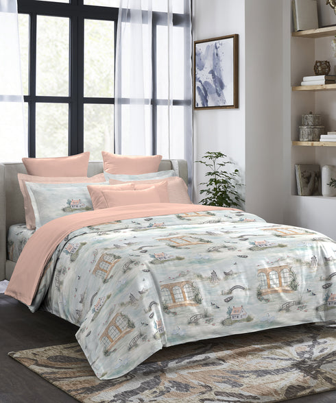 Indulgence Painterly Pattern King Bedsheet Set, The Quiet River|300 TC Cotton| 4 Pillow Covers