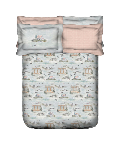 Indulgence Painterly Pattern King Bedsheet Set, The Quiet River|300 TC Cotton| 4 Pillow Covers