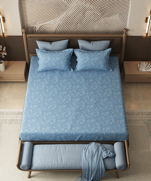 Home Essential Pastel Poetry Floral King Fitted Bedsheet, NITARA COPENHAGEN|144TC Cotton| 2 Pillow Covers