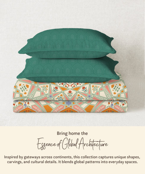 Gates Around The Globe King Bedsheet Set, Arqadia| 180 TC Cotton| 2 Pillow Covers