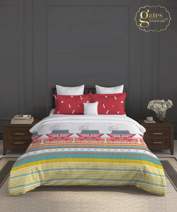 Gates Around The Globe King Bedsheet Set, Torii| 180 TC Cotton| 2 Pillow Covers