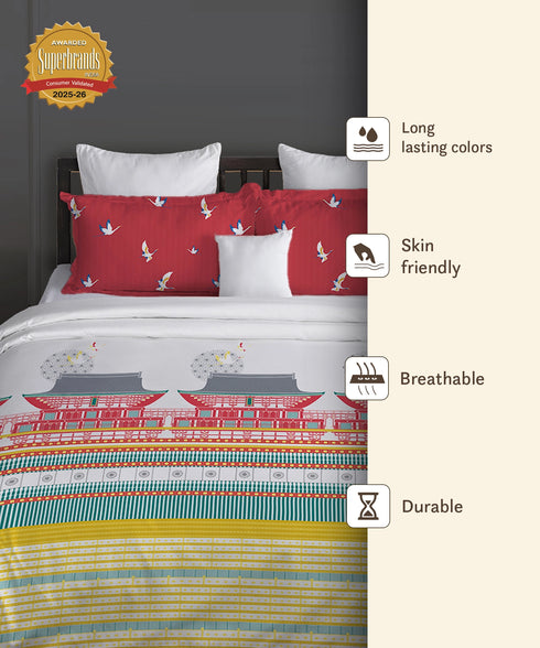 Gates Around The Globe King Bedsheet Set, Torii| 180 TC Cotton| 2 Pillow Covers