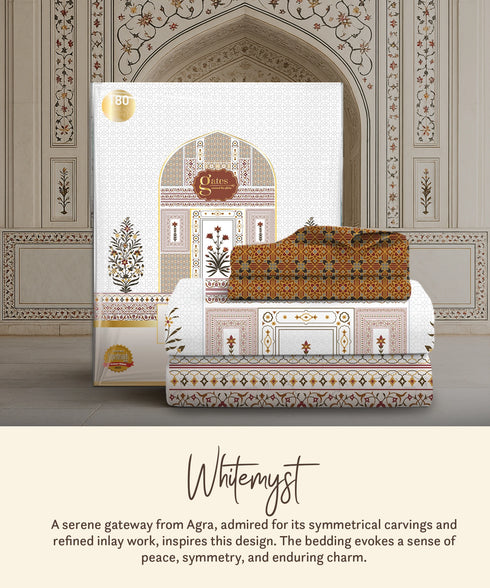 Gates Around The Globe King Bedsheet Set, Whitemyst| 180 TC Cotton| 2 Pillow Covers