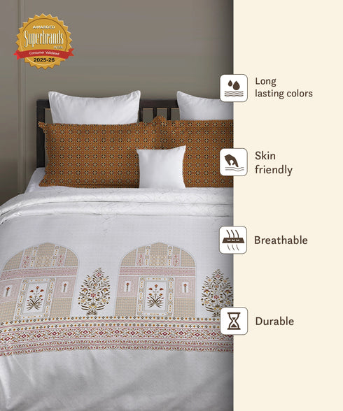 Gates Around The Globe King Bedsheet Set, Whitemyst| 180 TC Cotton| 2 Pillow Covers