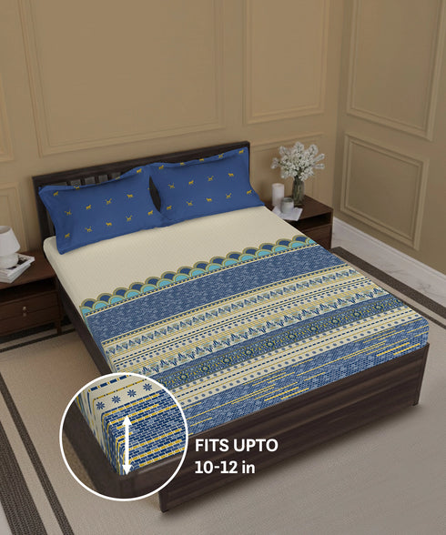 Gates Around The Globe King Fitted Bedsheet Set, Amara| 180 TC Cotton| 2 Pillow Covers