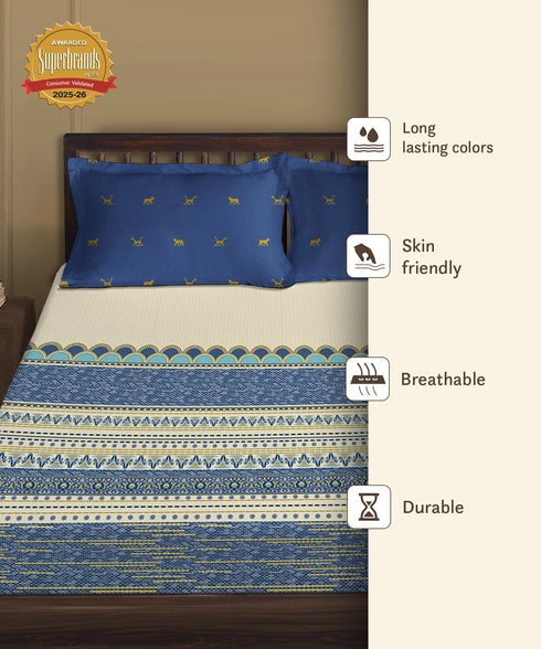 Gates Around The Globe King Fitted Bedsheet Set, Amara| 180 TC Cotton| 2 Pillow Covers