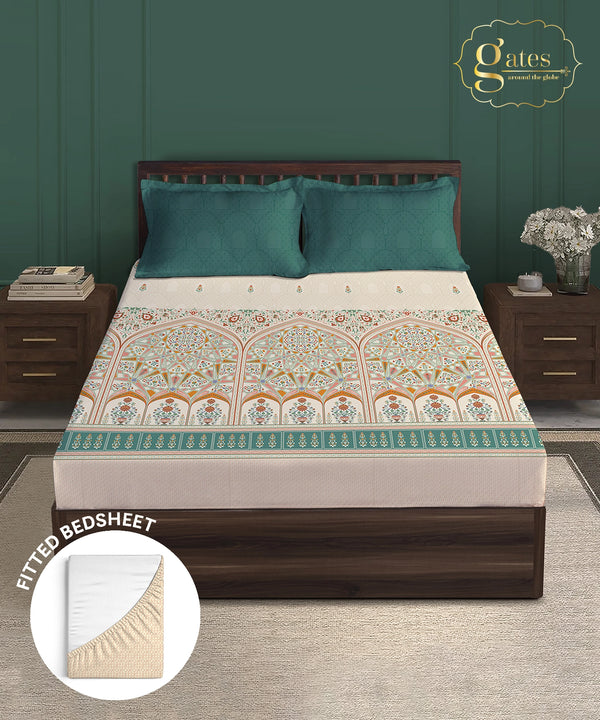 Gates Around The Globe King Fitted Bedsheet Set, Arqadia| 180 TC Cotton| 2 Pillow Covers