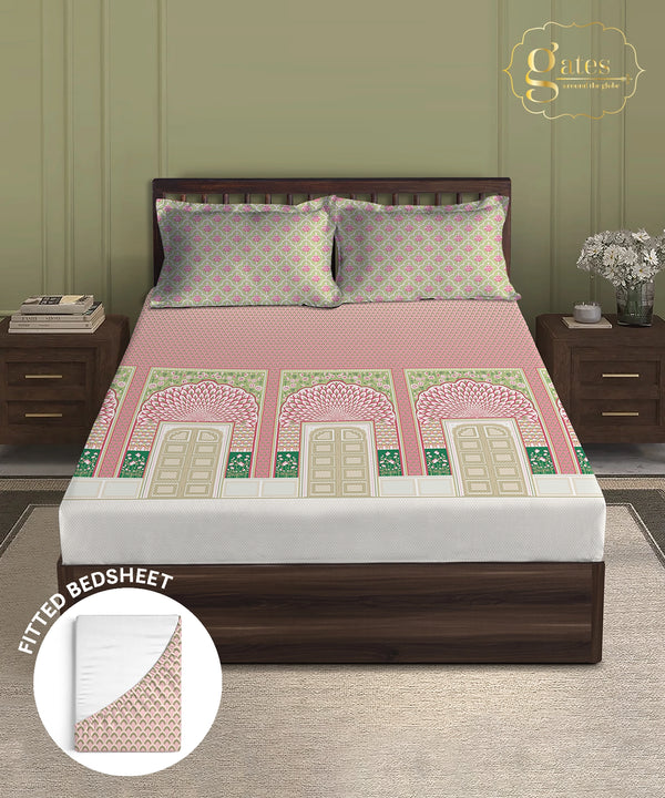 Gates Around The Globe King Fitted Bedsheet Set, Lirale| 180 TC Cotton| 2 Pillow Covers