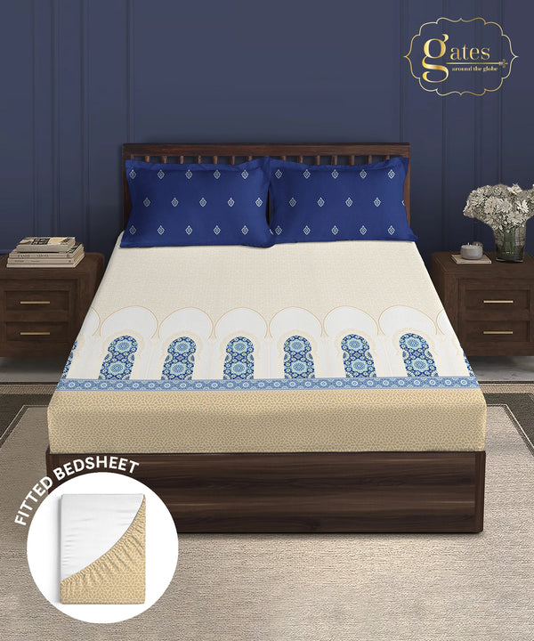 Gates Around The Globe King Fitted Bedsheet Set, Moorique| 180 TC Cotton| 2 Pillow Covers