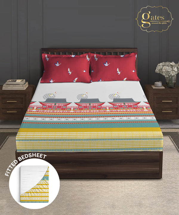 Gates Around The Globe King Fitted Bedsheet Set, Torii| 180 TC Cotton| 2 Pillow Covers
