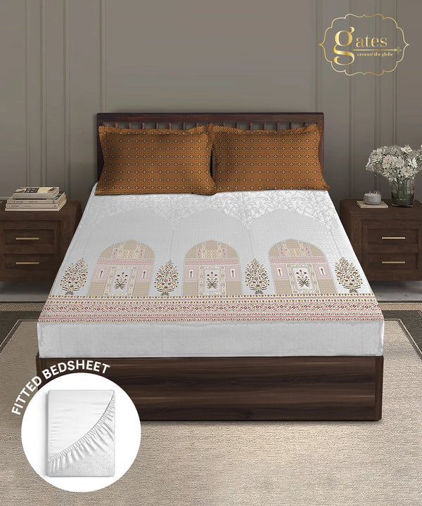 Gates Around The Globe King Fitted Bedsheet Set, Whitemyst| 180 TC Cotton| 2 Pillow Covers