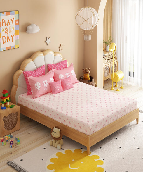 Juniors Double Bedsheet Set, Cue Coquette| 144TC Cotton|2 Pillow Covers & 2 Cushion Covers