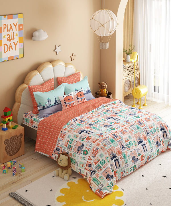 Juniors Double Bedsheet Set, Wander ways| 144TC Cotton|2 Pillow Covers & 2 Cushion Covers