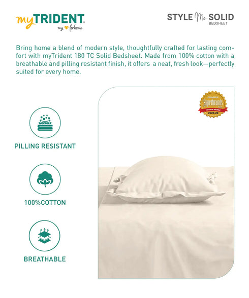 Style me Solid King Bedsheet, Cream |180 TC Cotton|2 Pillow Covers|Solid