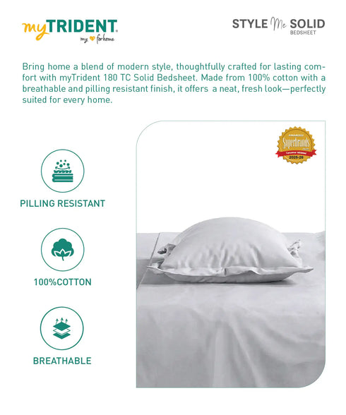 Style me Solid King Fitted Bedsheet, Grey |180 TC Cotton|2 Pillow Covers|Solid