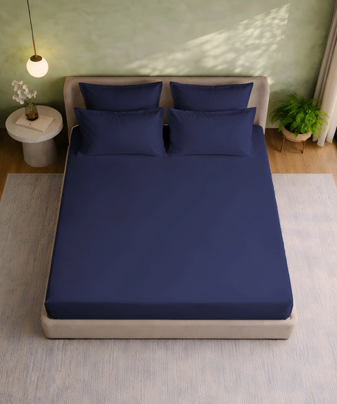 Style me Solid King Fitted Bedsheet, Navy |180 TC Cotton|2 Pillow Covers|Solid
