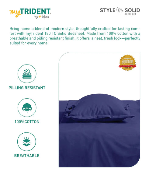 Style me Solid King Fitted Bedsheet, Navy |180 TC Cotton|2 Pillow Covers|Solid