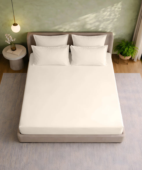 Style me Solid King Fitted Bedsheet, Cream|180 TC Cotton|2 Pillow Covers|Solid