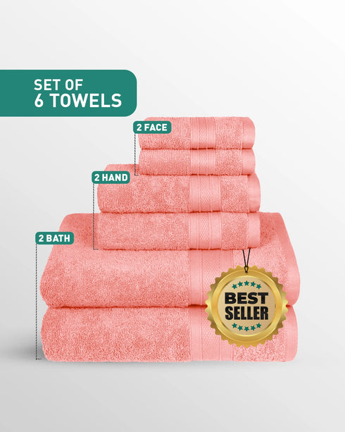 Soft Comfort 6Pc Towel Set, Coral Haze|509 GSM Cotton|Air Rich Technology