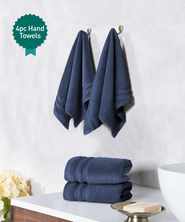 Luxury 4 PC Hand Towel Set, Navy|625 GSM Cotton|Anti Microbial