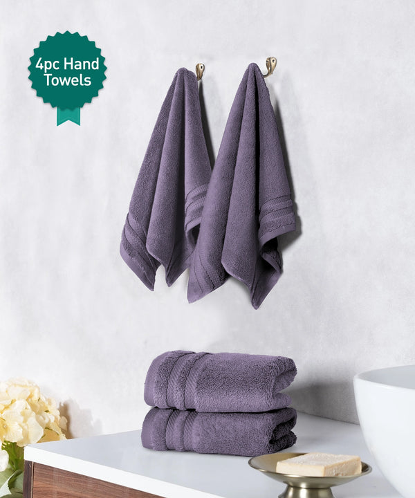 Luxury 4 PC Hand Towel Set, Purple|625 GSM Cotton|Anti Microbial