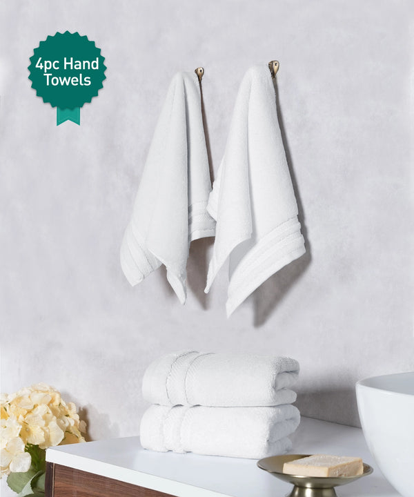 Luxury 4 PC Hand Towel Set, White|625 GSM Cotton|Anti Microbial