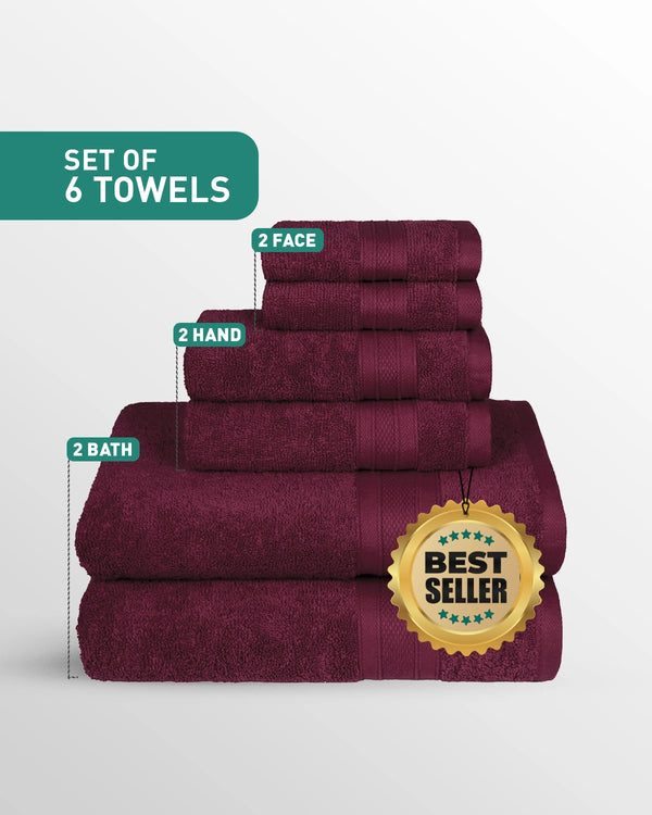 Soft Comfort 6Pc Towel Set, Red Wine|509 GSM Cotton|Air Rich Technology