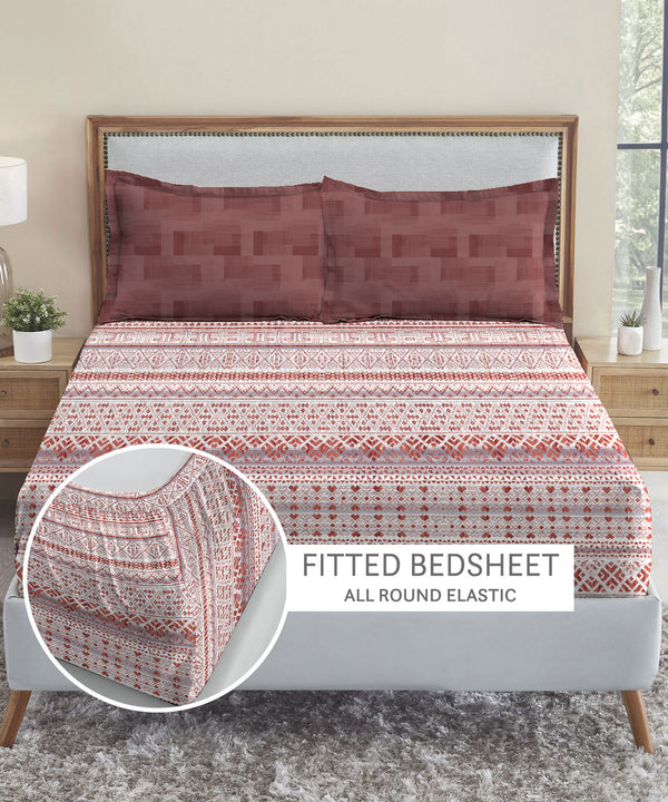 Soft Comfort King Fitted Bedsheet Set, Adam|210 TC Cotton|2 Pillow Covers