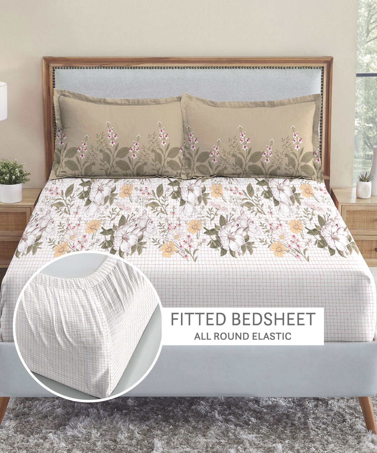 Soft Comfort Backyard King Fitted Bedsheet With 2 Pillow Cover, 210TC, 100% Cotton, Floral, Multicolor