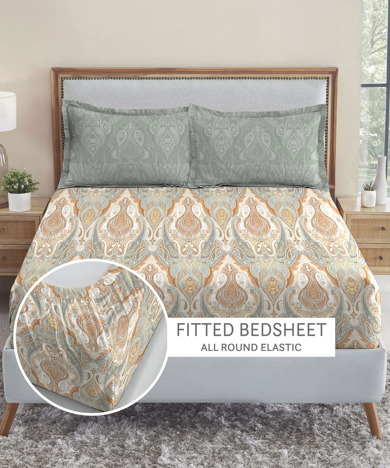 Soft Comfort King Fitted Bedsheet Set, Diana|210 TC Cotton|2 Pillow Covers