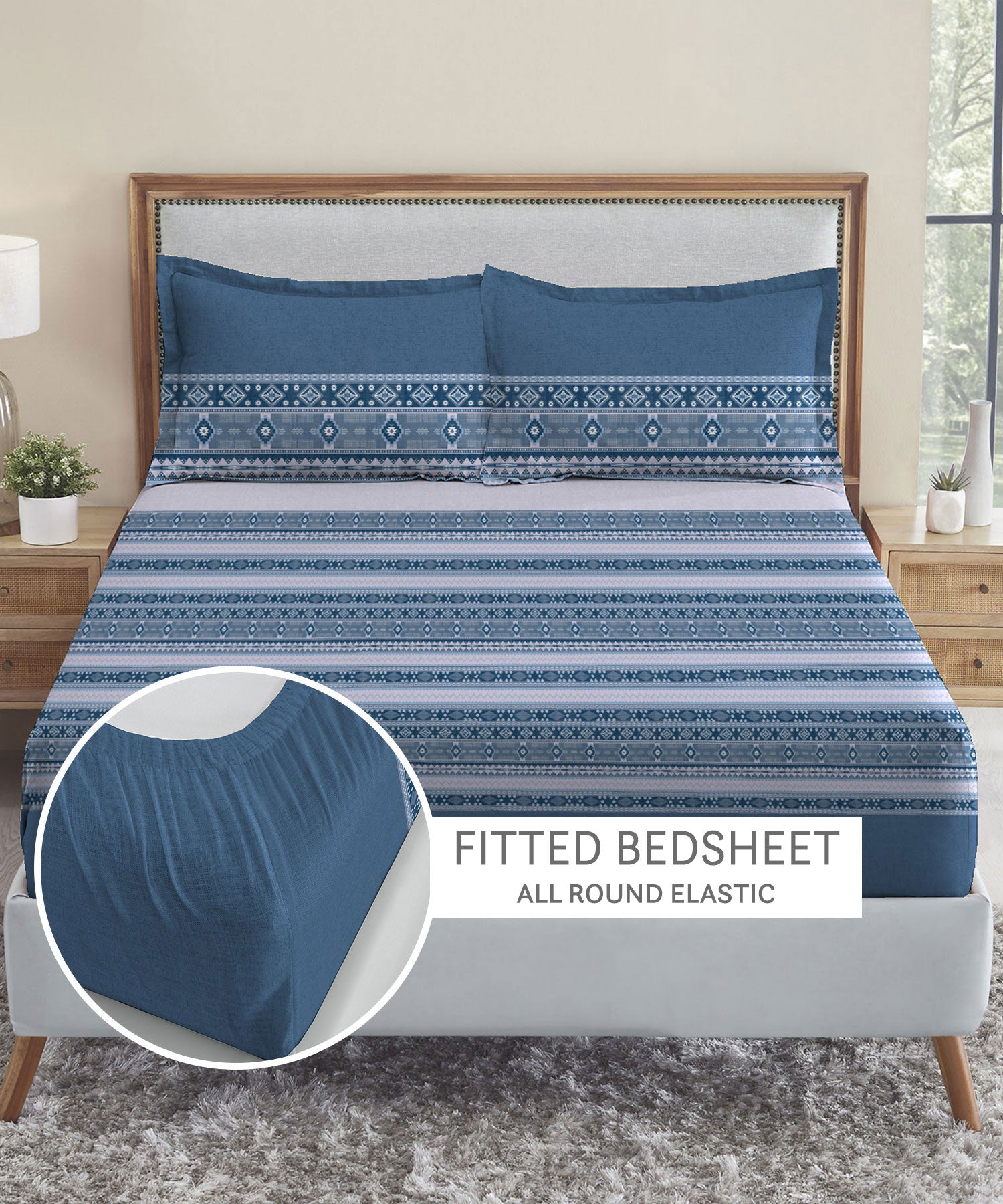 Soft Comfort King Fitted Bedsheet Set, Ice Dust|210 TC Cotton|2 Pillow Covers