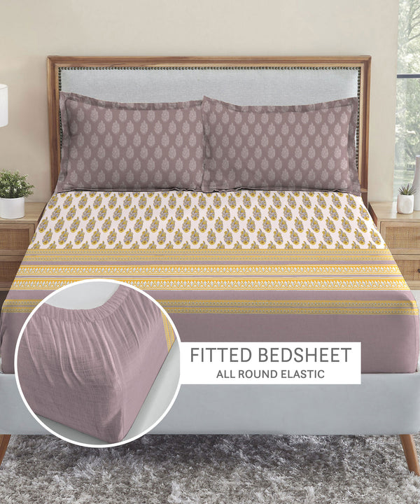 Soft Comfort King Fitted Bedsheet Set, Marigold|210 TC Cotton|2 Pillow Covers