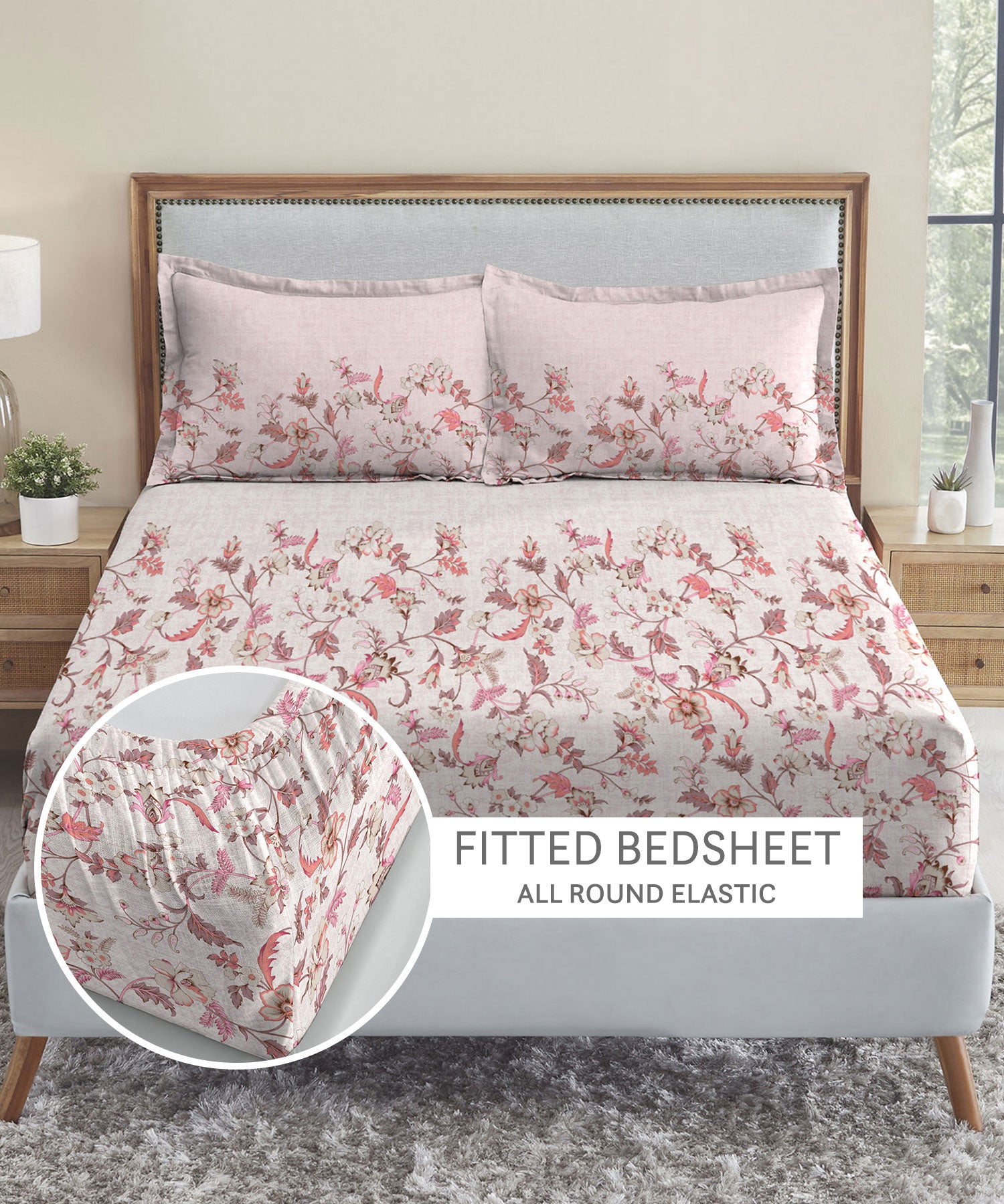 Soft Comfort King Fitted Bedsheet Set, Oriental|210 TC Cotton|2 Pillow Covers